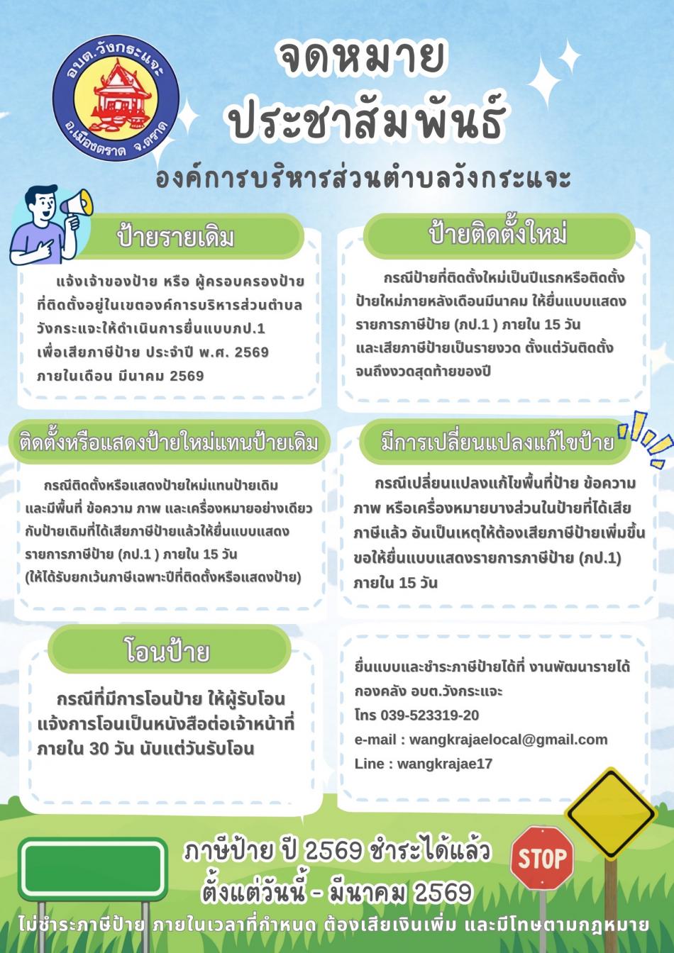 ประชาสัมพันธ์การจัดเก็บภาษีป้าย ประจำปี 2569    สามารถชำระได้ตั้งแต่ วันนี้ - 31 มีนาคม 2569  ติดต่อชำระภาษี ณ งานพัฒนารายได้ กองคลัง อบต.วังกระแจะ  (ไม่ชำระภาษีป้าย ภายในเวลาที่กำหนด ต้องเสียเงินเพิ่ม และมีโทษตามกฎหมาย)